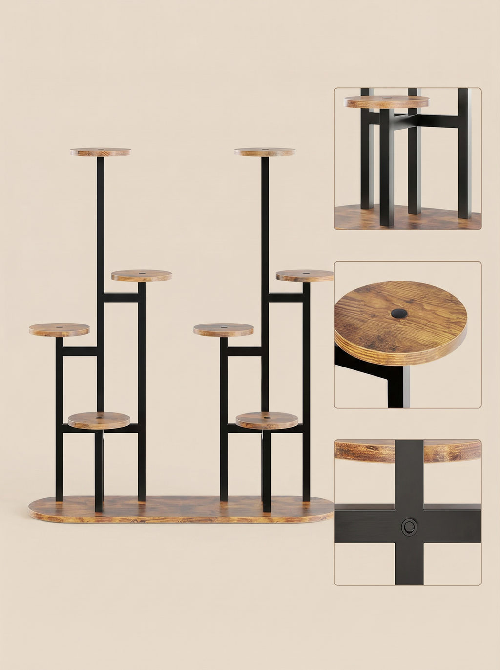 8-Tier Metal & Wood Plant Stand, Multi-Level Indoor Outdoor Flower Shelf, Tall Corner Planter Rack